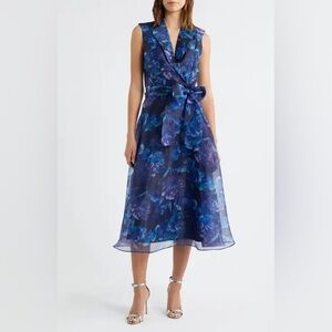NWt Julia Jordan Blue Floral Organza Midi Dress Women 8 $198 Fit & Flare Wedding